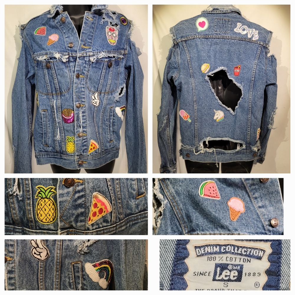 Lee Womens Custom Patchwork Sm Jean Jacket BOHO 🌈🦄🍕🍟🍍🍦😎✌️🍔💗Distressed